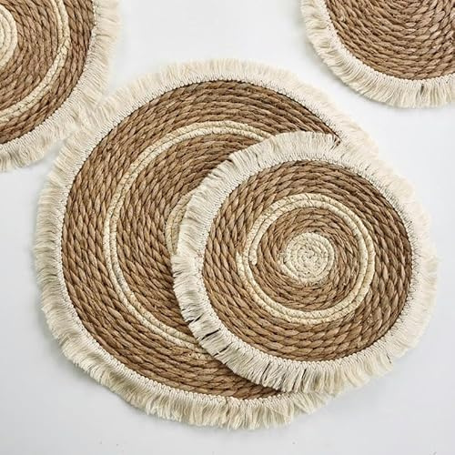 Tovagliette, tovagliette rotonde intrecciate da 25/30 cm con nappe, tovagliette in giacinto d'acqua naturale, tovagliette in paglia intrecciata for tavolo da pranzo(Natural1,25cm with tassels)
