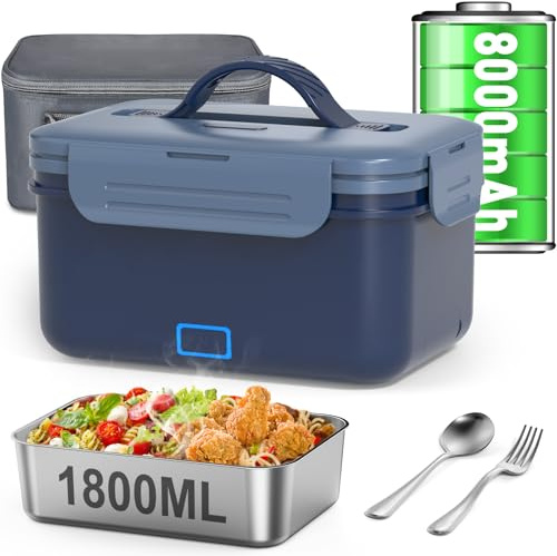 Vabaso 1.8L Cordless Electric Lunch Box, 8000mAh Rechargeable Battery Powered Heated Lunch Box for Adults, 75W Rapid Heating & Keep Warm,Self-Heating Food Warmer for Car,Truck,Office,Camping,Outdoors