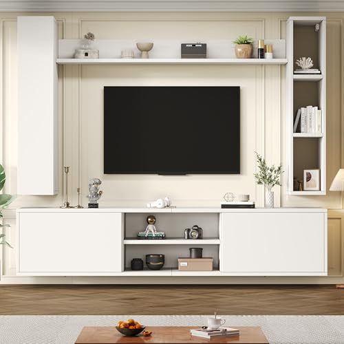 Rosebibi Juego de pared para TV de 180 x 35 x 33,5 cm con vitrinas (juego completo, 4 unidades), incluye tabla de TV, estantería de pie y 2 estantes de pared, juego de muebles de salón, mueble de TV
