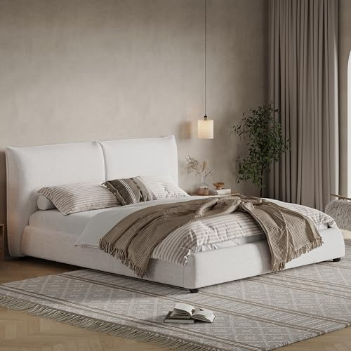Merax Modern Upholstered Platform Bed with Linen Pillow-Back Headboard, King Size Wood Floor Bed Frame with High Wingback, No Box Spring Needed, Easy Assemble, White