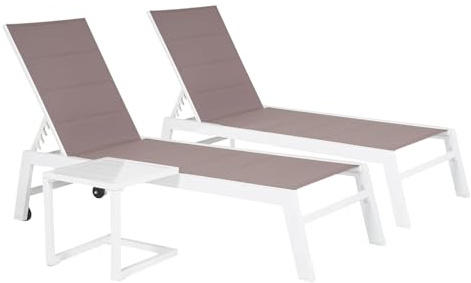 Happy Garden Set mit 2 Sonnenliegen Barbados aus Textilene taupe und Aluminium, weiß + Beistelltisch, Outdoor-Liegestuhl mit mehreren Positionen.