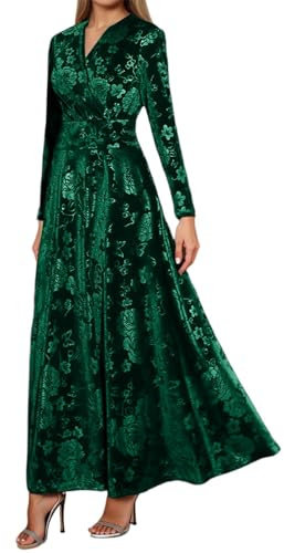 Abito in velluto da donna, a maniche lunghe, lunghezza al ginocchio, abito avvolgente, per cocktail, feste, matrimoni, feste, autunno, inverno, lungo, linea A-Line