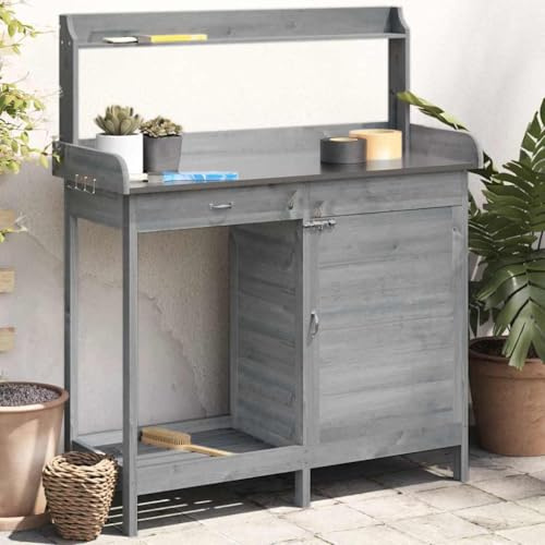 Frdhee Banco de flores para salón, soporte para plantas, mesa de plantación con armario gris, 110,5 x 45 x 124,5 cm, abeto de madera maciza, soporte para plantas para salón, balcón y esquina