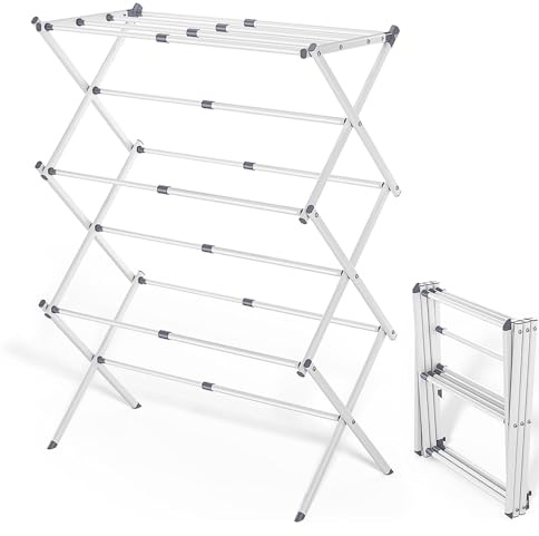 Bobikuke Séchoir à Linge Pliable avec 4 Cintres, Étendoir Linge Intérieur Extensible, Sèche Linge Portable 73 x 35.5 x 105 cm - Blanc