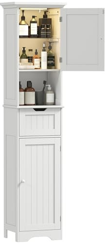 HOMCOM Mobile Bagno Alto Slim con 2 Ante Sensore LED 40x30x170 cm Bianco