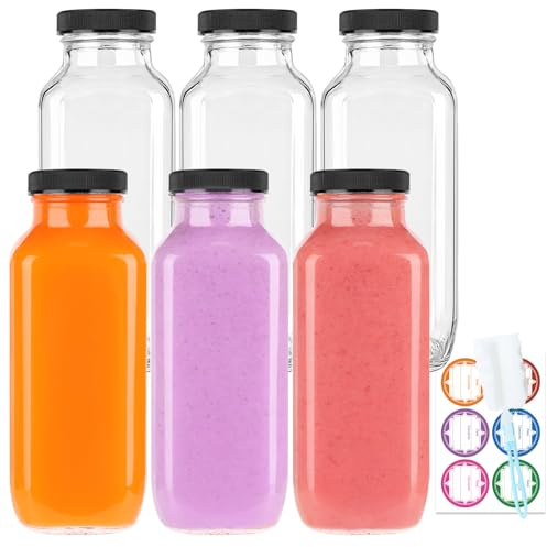 RusseryPek 500ml Glass Juice Bottles with Lids, 6 Pack | Reusable Water Bottles, Juice Storage Beverages Containers for Milk, Kombucha, Smoothies