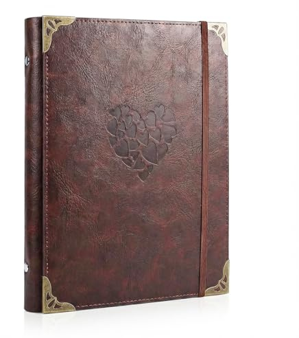 ThxMadam Vintage Scrapbook zum Selbstgestalten, Großes Fotoalbum 24,5 x 20,5 cm, 3-in-1 Ringbuch zum Einkleben & Einstecken, Braunes PU-Leder Fotobuch mit Herz-Prägung für Hochzeiten & als Geschenk