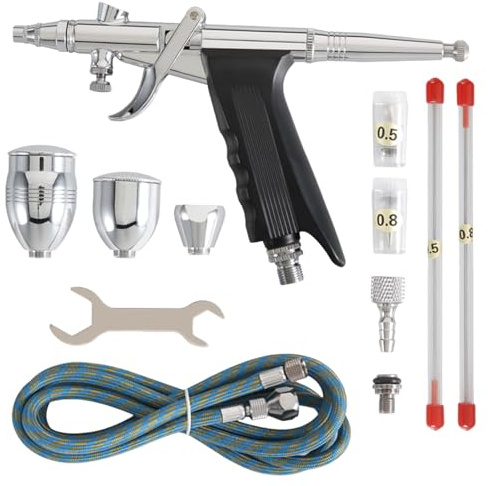 Pistola pulverizadora de alimentación por Gravedad de Doble acción HTU con Agujas 0,3/0,5/0,8 mm y Vasos de Pintura - Aerógrafo Multiusos para automóviles, Manualidades y Pintura DIY