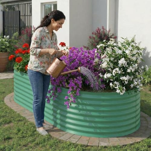 Garvee Orto Rialzato Da Esterno 120x60x60cm, Aiuola Rialzata in Metallo Ovale in Acciaio Zincato Con Rivestimento Antiruggine, Fioriera Da Giardino Grande Per Verdure e Fiori, Fondo Aperto, Verde