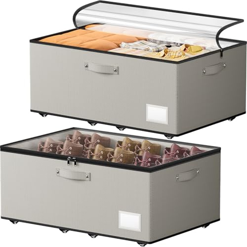 Mavivegue 2er Set Unterbettkommode mit 360° Rollen, Vliesstoff, Grau | 2 Aufbewahrungsboxen. Deckel & Griffe, Faltbar. Vliesstoff, Atmungsaktiv. Schnell Montierbar. Für Kleidung, Schuhe & Decken.