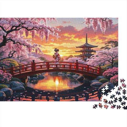 Puente Rojo Japonés Puzzle de 1000 Piezas para Adultos Cerezos en Flor Atardecer Juego de Puzzle Familia Relajante Decoración 52x38cm/1000pcs