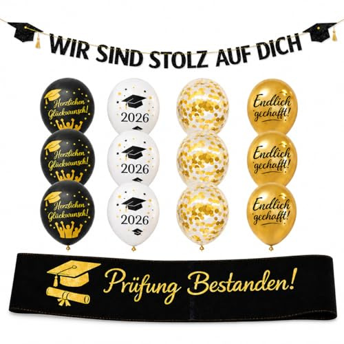 Prüfung Bestanden Deko Set, Bestandene Prüfung Schärpe, Schwarzes Gold Abschluss Deko, Bestanden Banner Girlande Schärpe Ballon Abschluss Abi Abitur für Abschlussfeier