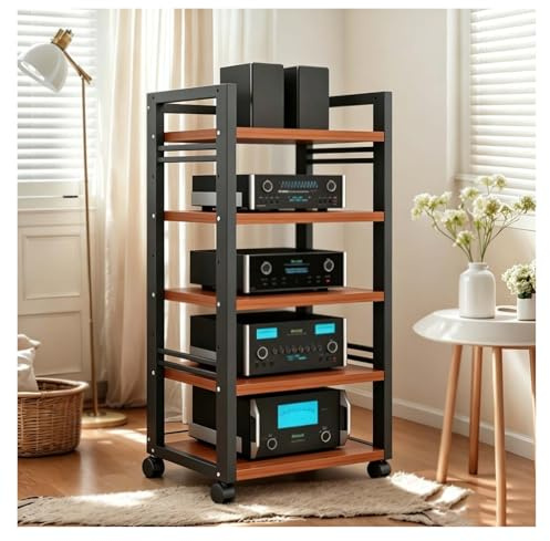HiFi Möbel Rack, Medienständer Komponenten，5-stufige mit Rädern, Audio Rack HiFi Regal AV für Wohnzimmer Schlafzimmer Arbeitszimmer