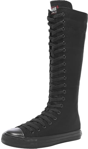 Jamron Chicas Mujer Moda Rodilla Alta con Cordones Botas de Lona Puro Blanco Negro Cremallera Botas de Danza