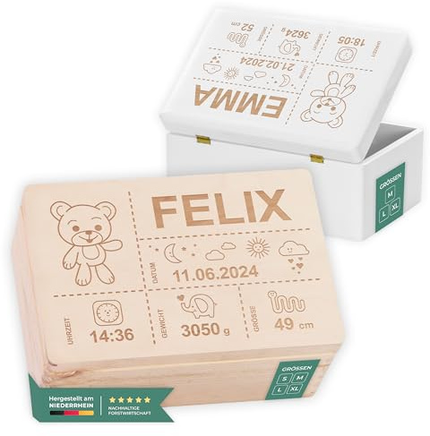 LAUBLUST Erinnerungsbox Baby Personalisiert - Geschenk zur Geburt mit Name | Teddybär, Größen S, M, L, XL - Kinder Erinnerungskiste aus Holz für Mädchen & Jungen | Holzkiste Natur oder Weiß - FSC®