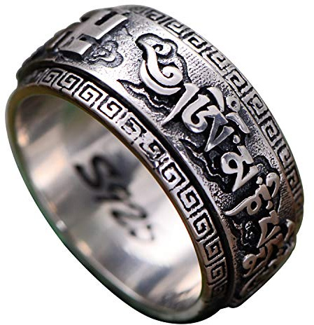ForFox Anillo Giratorio Om Mani Padme Hum Budista de Plata de Ley 925 para Hombres y Mujeres,10mm tamaño 18-28
