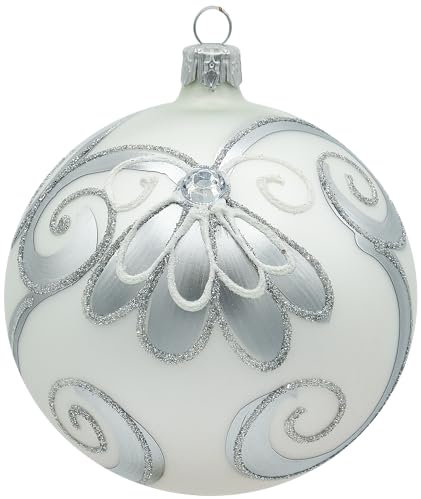 VITBIS - Weihnachtskugel aus Glas, Christbaumkugeln 10 cm, Mundgeblasen, Handdekoriert und Handgefertigt Weihnachtsbaum Deko - Matte Weiße Farbe mit Reicher Silberverzierung