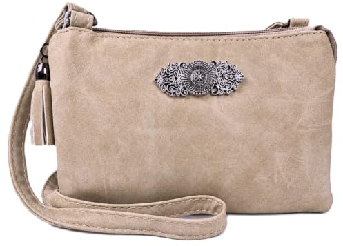 Trachtenland Damen Trachten Handtasche Sofia – Dirndl Umhängetasche aus Lederimitat mit Applikation & Troddel in Pastellfarben oder Schwarz