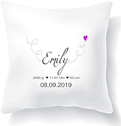 Babygeschenk mit Geburtsdaten personalisiert - Kissen mit Namen als Geschenk zur Geburt oder Taufe - Namenskissen für Baby's Jungen & Mädchen (Emily)