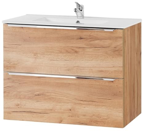 Lomadox Badmöbel Waschtisch mit Unterschrank Set, Wotaneiche, 81cm Keramik-Waschbecken, 2 Softclose-Schubkästen, B/H/T ca, 81/61/46 cm
