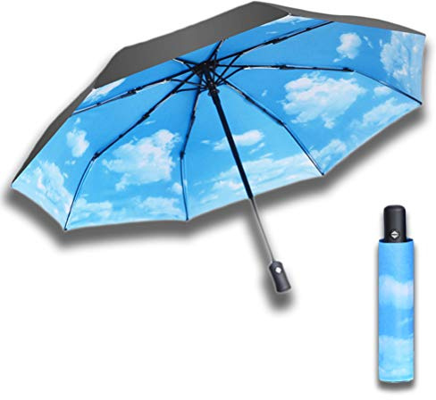 Maibar Paraguas de Sol para Las Mujeres Protección UV Paraguas Plegables triples Creativo 3D Impreso Flores Sombrilla Señoras Pegamento de Plata Sombrillas (Z-Cielo Azul)