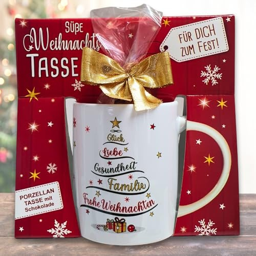 Süße Weihnachtstasse - Weihnachtsbaum - Kaffeetasse Tasse mit Spruch und Schokolade mit Geschenkverpackung zu Weihnachten | Beidseitig Gold Bunt bedruckt