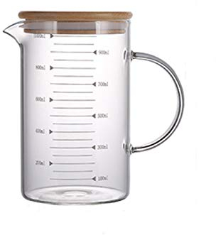 Jarras medidoras de vidrio de 1 litro con tapa, jarra medidora grande, vaso medidor, taza medida, taza de vidrio de leche líquida, escala transparente con boquilla y mango aislado, para líquidos fríos