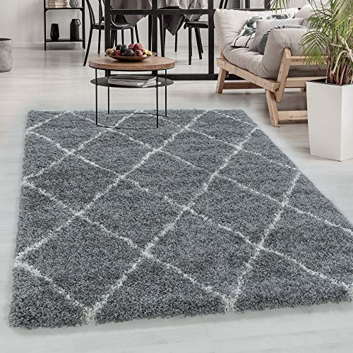 Carpetsale24 Hochflor Teppich Grau 120x170 cm Rauten Design Flauschig-Weich Langflor Wohnzimmerteppich Skandinavischer Stil Shaggy Teppich