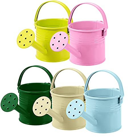 Yardwe Kids Watering Can Set 5 Pcs, Small Metal Watering Pots 15x7.5cm, Mini Garden Cans with Long Spout for Children and Indoor Plants