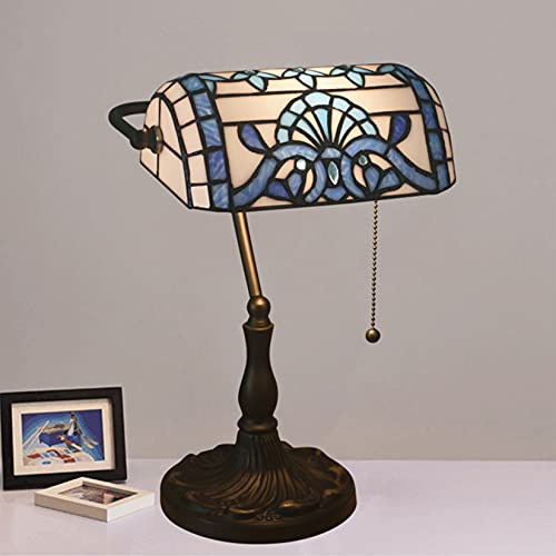 AIBOTY Tiffany Style Bankers Table Lamp Stained Glass Piano Desk Lamp Vintage Bedroom Bedside Lamp for Study,Antique Alloy Base,Zipper Switch,Blue Baroque