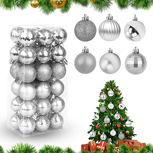 Feliciay Lot de 36 Boules de Noël Assorties incassables pour Sapin de Noël, décoration à Suspendre, décoration de fête, de Mariage (Argent, 4 cm)