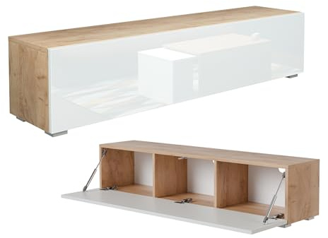 PLATAN ROOM Fernsehschrank TV-Lowboard 105/140 / 160/210 / 280 In Eiche Weiß Hängend Oder Stehend Hochglanz Matt (140 x 30 x 32, Eiche Gold/Weiß Hochglanz)