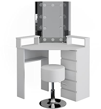 Vicco Frisiertisch für die Ecke Tilda, Weiß, 113.3 cm mit LED Beleuchtung und Hocker
