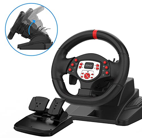 DOYO PS4 Gaming Racing Steering Wheels with Pedals and paddle Shifters for PC, 180° Volante PC Plug and Play with Height and Tilt Adjustable for Playstation 3/ Switch/Android