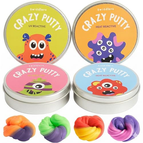 THE TWIDDLERS 4er Pack Knete mit Farbwechselfunktion + 2 Mini UV-Lampen - Hitze- & UV-Reaktive Zauberknete, ändert die Farbe bei Wärme & Schwarzlicht - Kinder Mitgebsel/Geschenk