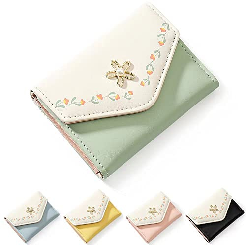 kuifang Girls Cute flowers Print Wallet, Small Tri-folded Aesthetic Wallet, PU Leather Purse Cash Pocket Card Holder ID Window Purse for Women(Green)