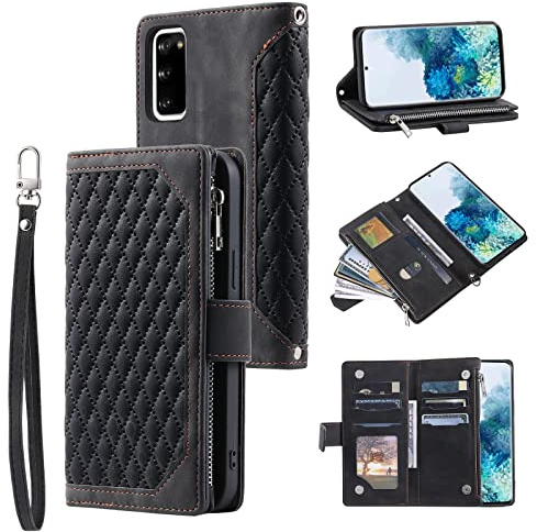 QLTYPRI Handyhülle für Samsung Galaxy S20 FE, Gesteppte Leder Hülle Wallet Case mit Handschlaufe für Frauen Kartenhalter Reißverschluss Brieftasche Handytasche Schutzhülle - Schwarz