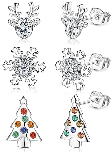 YADOCA 3 Pairs Sterling Silver Christmas Stud Earrings for Women Girls Hypoallergenic Elk Christmas Tree Snowflake Xmas Earrings Christmas Jewelry