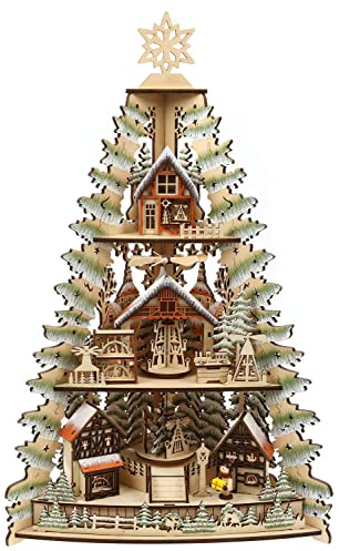 ELLUG 3D Eck-Lichterspitze Holzschnitt als Tannenbaum aus Holz mit Drehelementen zum Stellen mit Licht 33 * 18 * 53cm batteriebetrieben mit On-Off Schalter, Timer Funktion (6h On/18h Off)
