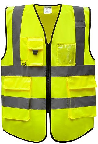 MHsons Hi Vis Reflective Safety Vest Zip Executive Pockets Waistcoat High Visibility Viz Conforms to EN20471 Class 2 Yellow Orange Blue (Yellow, Large)