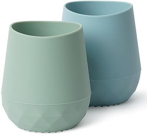 Seposeve Dinky Cup - Vaso de silicona para bebés de 6 a 12 meses, 12 a 24 meses, 2 unidades, diseño de boca de bebé, con marcas de capacidad, color verde y azul