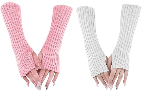 VEGCOO 2 Paar Damen Mädchen Fingerlose Gestrickte Handschuhe - Winter Warme Weiche Mittellange Stretch Handschuhe Für Büro, Tägliche Aktivitäten (Weiß & Rosa)