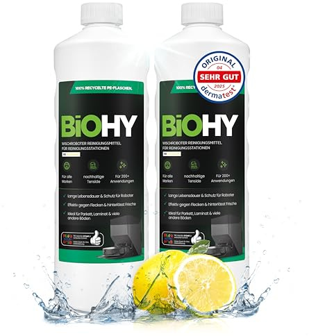 BiOHY Limpiador de robots aspiradores (2 botellas de 1 litro) | Especialmente desarrollado para estaciones de limpieza | Prolonga la vida útil de la estación de succión (Wischroboter Station)