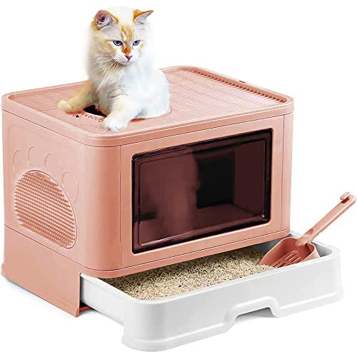 Bandeja de arena para gatos, gran casa de aseo plegable con tapa, bandeja de cajón y pala para caña, portátil, WC para gatos grandes y pequeños, 48,5 x 36,5 x 38 cm, rosa)