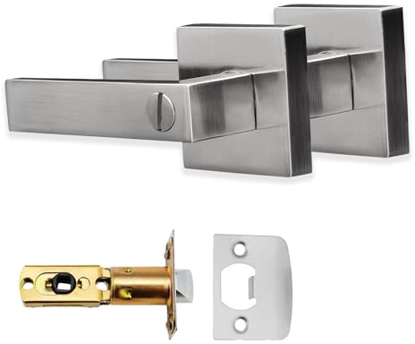 XFORT Quad Privacy Knob Set Satin Chrome, Keyless Door Knob with Lock for Internal Wooden Bathroom Doors, Complete Set with Tubular Latch
