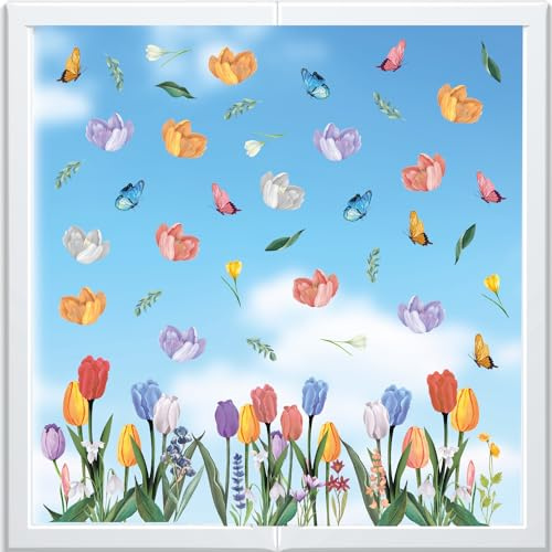 WALPLUS 105 Stück Fenstersticker Fensterbilder Selbstklebend Kinderzimmer Frühling Deko Interieur DIY Blühende Aquarelltulpen mit Schmetterlingen