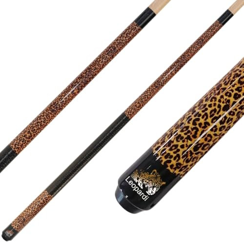 Winsport Orginal Leopardi Pool Billard Queue, 2 teiliger Billardqueue mit schwarzen Griffband aus genarbten PU-Leder, Cue Länge 147cm, 12mm Profi Klebeleder, Edelstahl Gewinde,Leopard Design
