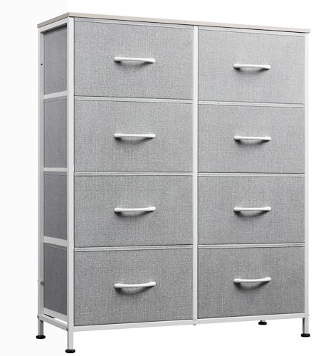 WLIVE Kommode mit 8 Schubladen aus Stoff, Kommodenschrank für Schlafzimmer, Kommode Wohnzimmer, mit Stabiler Stahlrahmen, Holzplatte, Hellgrau