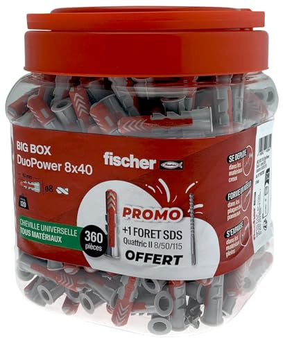 fischer - BigBox de 360 Chevilles Tous matériaux DuoPower 8x40 + 1 Foret SDS Quattric Offert