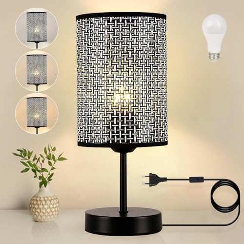 LED Tischlampe mit Stecker und Schalter E27 Vintage Nachttischlampe Dimmbare Tischleuchte Lampenschirm aus Leinenstoff Tischbeleuchtung mit 1.5M Kabel für Schlafzimmer Wohnzimmer Büro Schreibtischlamp